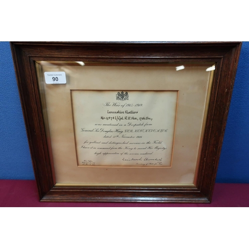 90 - Mentioned in Dispatches framed certificate awarded to Lance Corporal R.E. Fox 17th Battalion Lancash... 