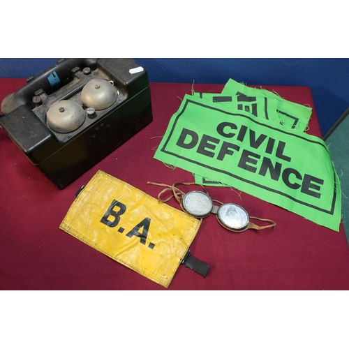 95 - Field telephone, BA arm slip, Civil Defence patches and anti glare goggles