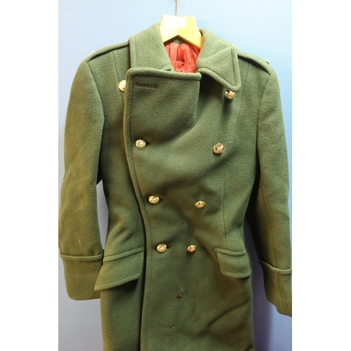 67 - Military style green overcoat with staybright buttons and Majors epaulette insignia