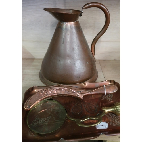 116 - Art Nouveau copper and brass crumb scoop and brush, a similar Art Nouveau tray, a copper jug and a b... 