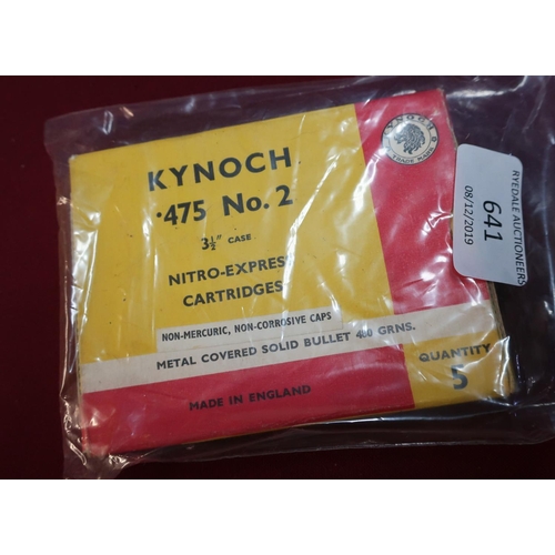 641 - Box of five Kynoch .475 No. 2 rifle rounds (section 1 certificate required)
