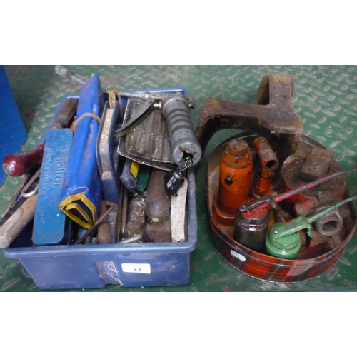 23 - Toolbox containing a large quantity of various tools including screwdrivers, drills, grease pump and... 