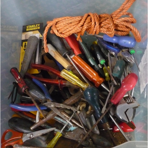 30 - Box containing a large collection of tools including adjustable spanners, Stanley knifes, screwdrive... 