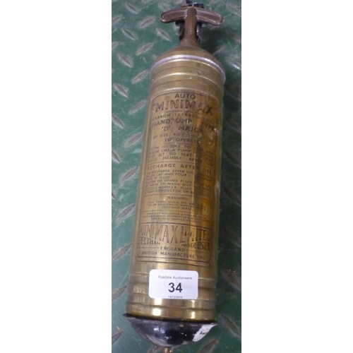 34 - Vintage brass Minimax hand pump fire extinguisher with holder