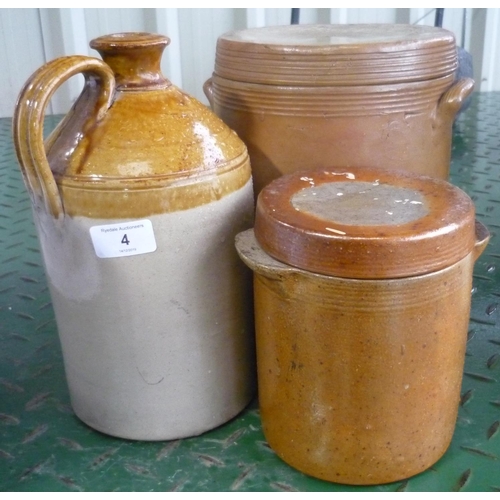 4 - Two salt glazed pots with lids and a flagon