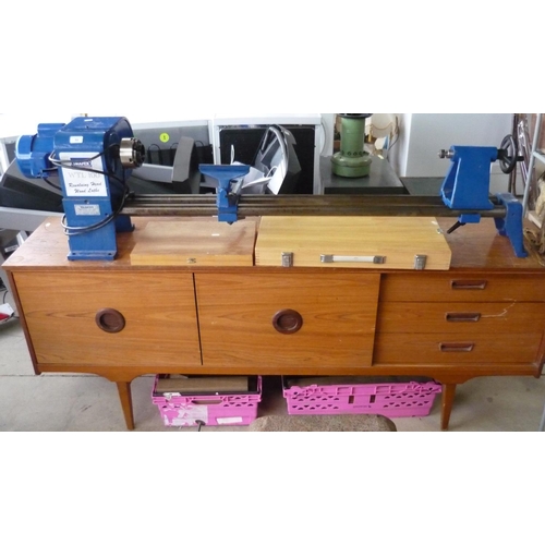 59 - Draper WTL100 wood lathe with tools and various turning woods