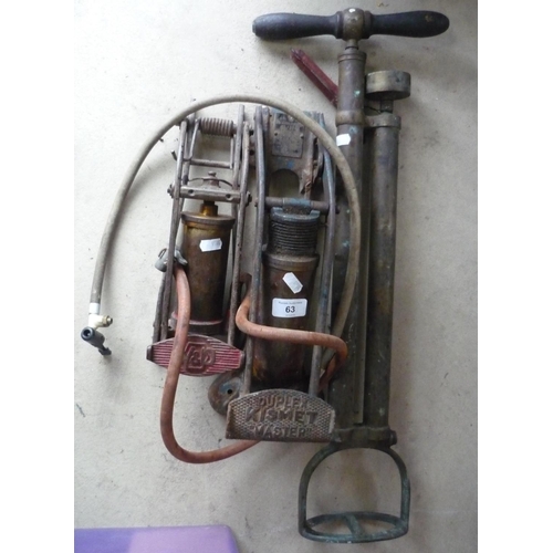 63 - Two car pumps (one military arrow) and a vintage brass styrup pump