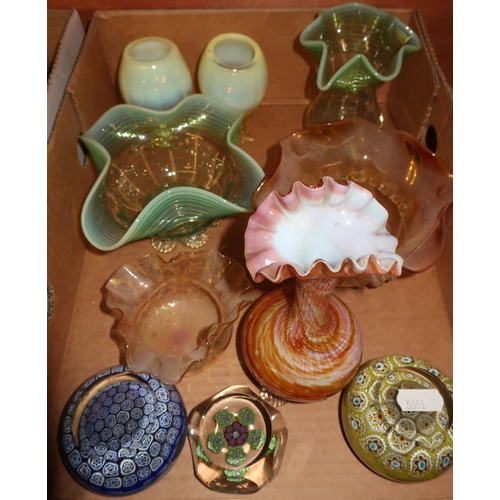 11 - Various Studio and other glassware in one box including Millefleur paperweights, Vaseline type glass... 
