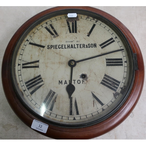 12 - Mahogany cased wall clock, the dial marked Examd. by Spiegelhalter & Son, Malton (overall diameter 3... 