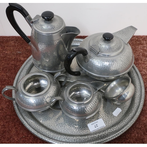 27 - Five piece Sheffield pewter tea service with hammered detail on circular tray, with a pewter ladle