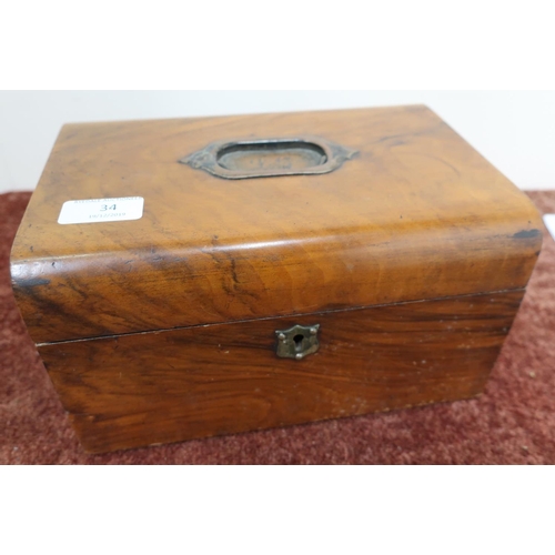 34 - 19th C walnut box with inset handle and hinged lift off lid, revealing internal lift out tray (25cm ... 