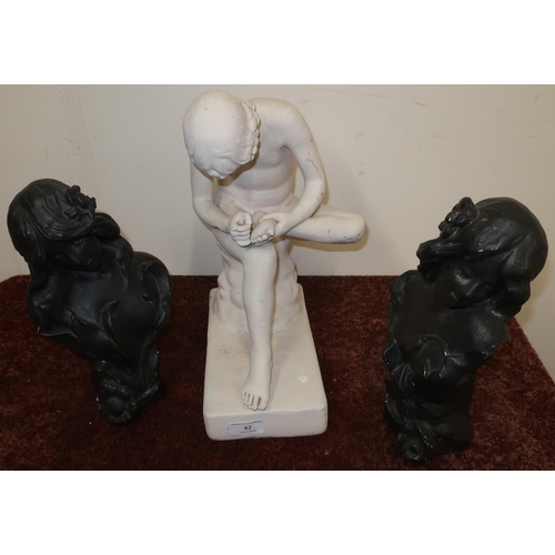 42 - Plaster cast figure of a naked male and two Art Nouveau style female busts (3)