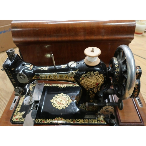 45 - Walnut cased vintage Jones Sewing Machine Family C.S315594 with plaque for Carltons' Ltd Drapers & F... 