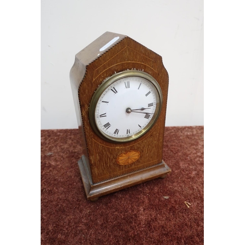 53 - Edwardian inlaid mahogany time piece with white enamel dial, satinwood inlay, shell motif, brass bal... 