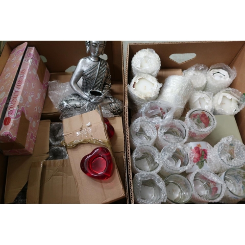 58 - Ex shop stock tea light holders, compact mirrors and scented candles in two boxes