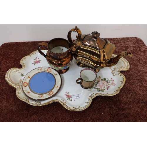 489 - Edwardian J and G Sons 'Crescent' dressing table tray, 19th C copper lustre teapot, 19th C copper lu... 