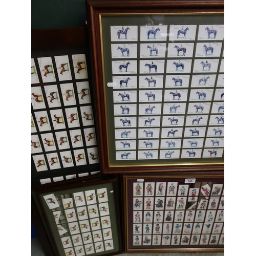 519 - Five framed collections of cigarette cards including military uniforms and various racehorses