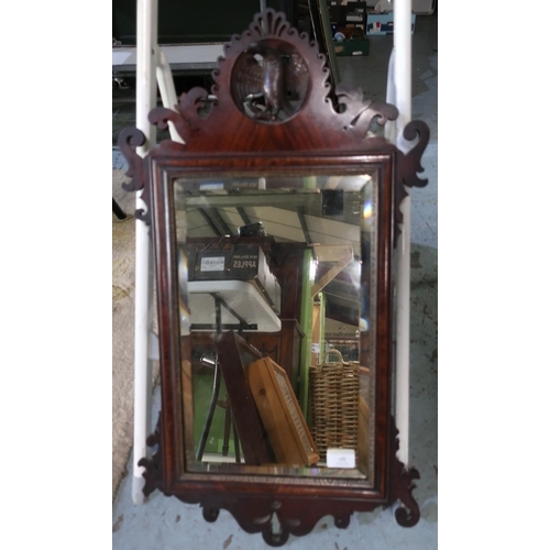 48 - 19th C mahogany bevelled edge rectangular wall mirror, with fretwork detail and crested with profile... 