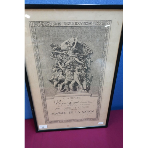 14 - Framed & mounted French A La Memoire for a Lieutenant in the 279 Regiment Infantry 22nd September 19... 