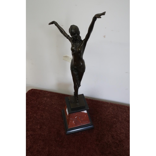 45 - Large Art Deco style bronze figure of a semi-nude dancing girl on marble base (55cm high)