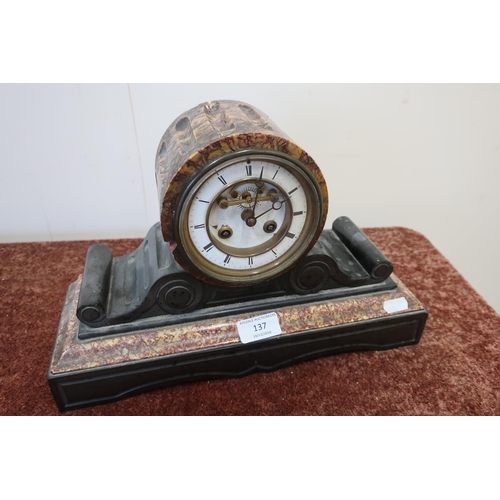 47 - Third quarter of the 19th C marble and slate drum head mantle clock, with white enamel dial, brocot ... 