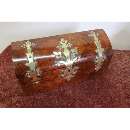 87 - Late Victorian walnut and brass mounted correspondence box with hinged D shaped top revealing fitted... 