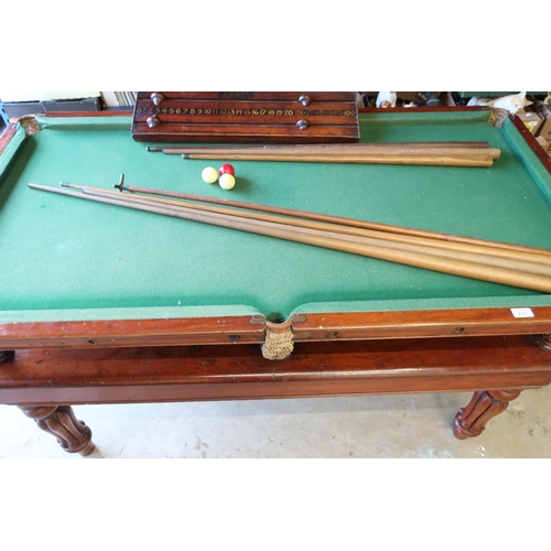 91 - Victorian mahogany framed quarter sized Campaign billiards tables with score board, cues and various... 