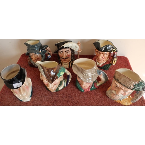 93 - Collection of seven character jugs, six Royal Doulton including Robinson Crusoe, The Poacher, Robin ... 