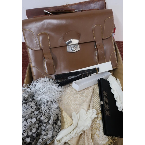 14 - Various ladies shawls, silk-work gloves, purses, leather satchels etc