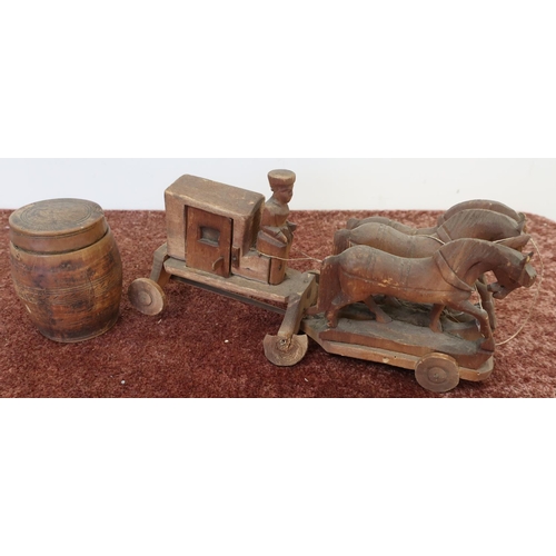 18 - 19th C Scandinavian turned wood barrel and a carved 19th/20th C Russian wood horse & carriage toy (2... 