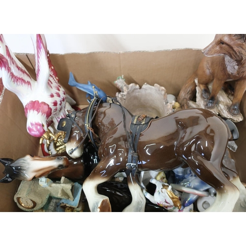 24 - Box containing a selection of various decorative ceramics and animal ornaments, including a large Sh... 