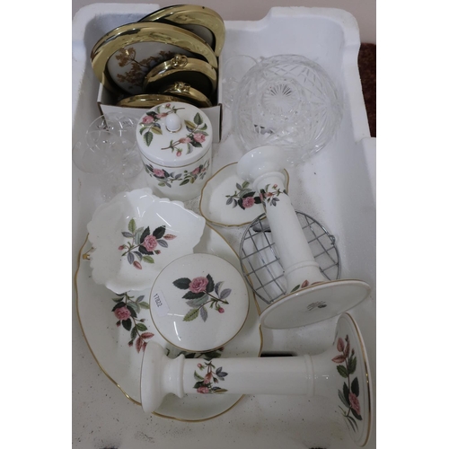32 - Wedgwood Hathaway rose pattern dressing table set, various photo frames, cut glass etc