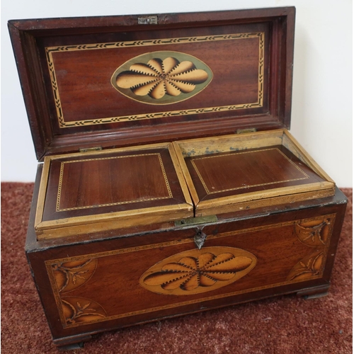 5 - 18th/19th C mahogany inlaid tea caddy of rectangular form with hinged lift up top revealing two inte... 