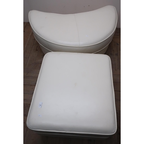 64 - White leather square footstool and a matching crescent shaped footstool (2)