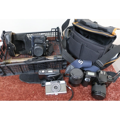 68 - Canon E0S 1000F camera, various vintage cameras, brass telescope etc