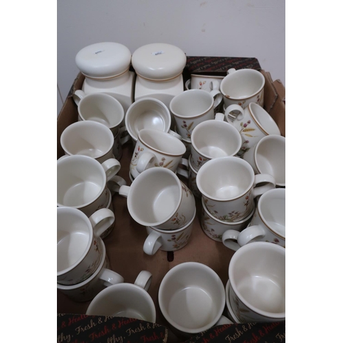 195 - Large selection of Harvest pattern teacups, storage jars, teapots, and kitchenware