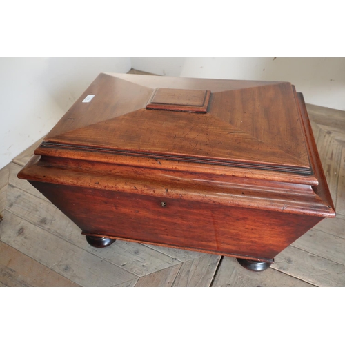 227 - 19th C mahogany rectangular cellarette with hinged stepped top, with tin liner, mounted on bun feet ... 