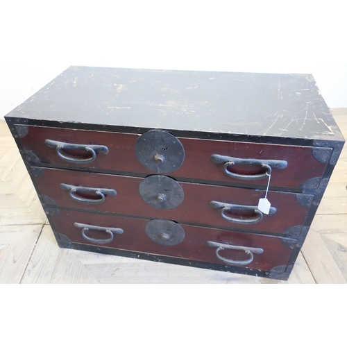 278 - Japanese lacquered three drawer armour chest with various wrought metal strap work and carry handles... 