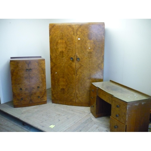 217 - Art Deco walnut three piece bedroom suite comprising of double door wardrobe, dressing chest and tal... 