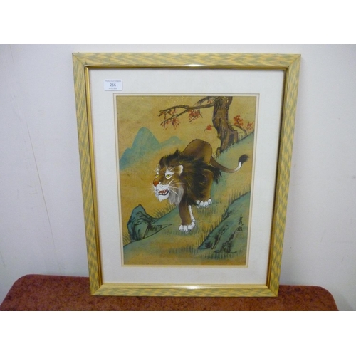 266 - Framed and mounted Japanese artwork of a lion in mountainous scene (46cm x 56cm)