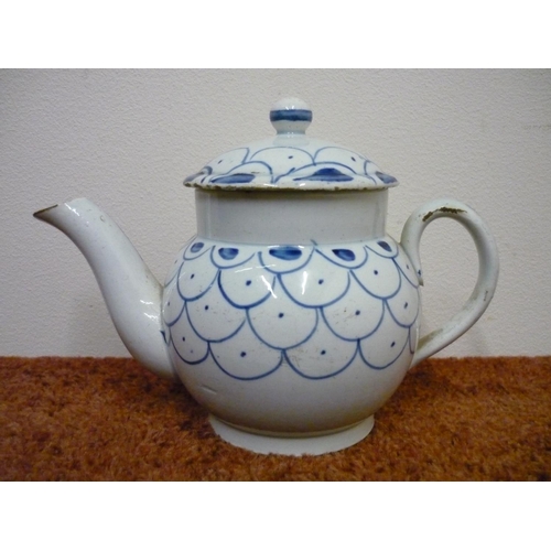 1 - Circa 18th C English Porcelain teapot of small proportions with blue patterned scale detail, with lo... 