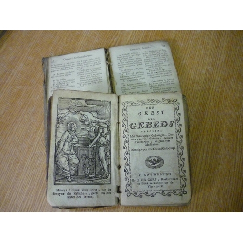 185 - Leather bound volume of Den Geest Des Gebeds Antwerp by J. De Cort, and a circa 18th C dictionary (2... 