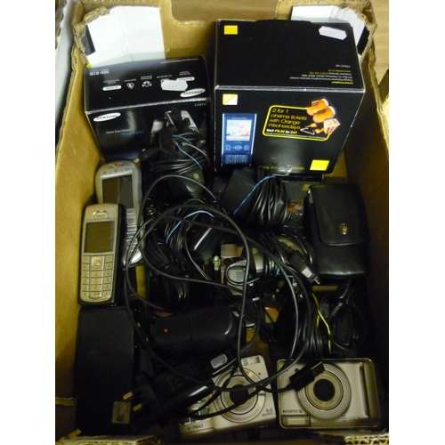 235 - Box containing a selection of various assorted mobile phones, cameras, chargers etc (sold as seen)