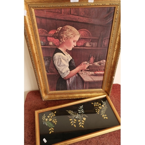 379 - Victorian style oleograph showing a young girl peeling vegetables and a framed needlework panel