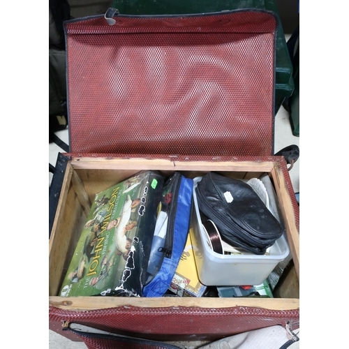 50 - Brown tackle box with contents including DVD fishing collection, reels, torches etc