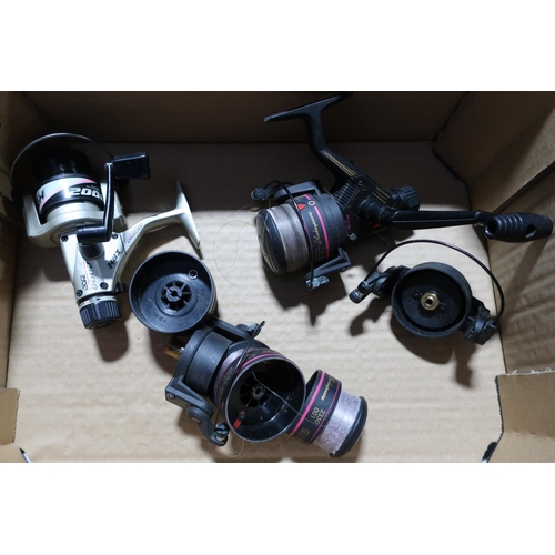 60 - Box containing two reels including a Ryobi 2000 and a Shakespeare 2350 with spare spools