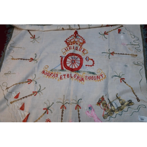 60 - Large circa WWI embroidered table cloth with Egyptian type scenes and Royal Artillery cap badge
