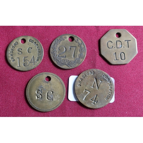 34 - Collection of five various Bradford and other corporation pay tokens