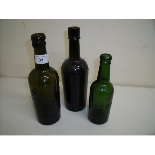 40 - L & NER green glass bottle, a T Lindsley & Co Hull glass bottle and a B.Y.B. glass bottle