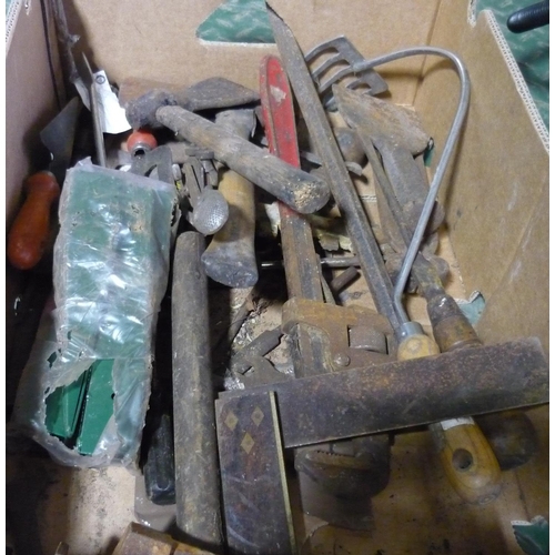 10 - Box containing a variety of tools, including hatchets, chisels, Stilson T square, screwdrivers etc
